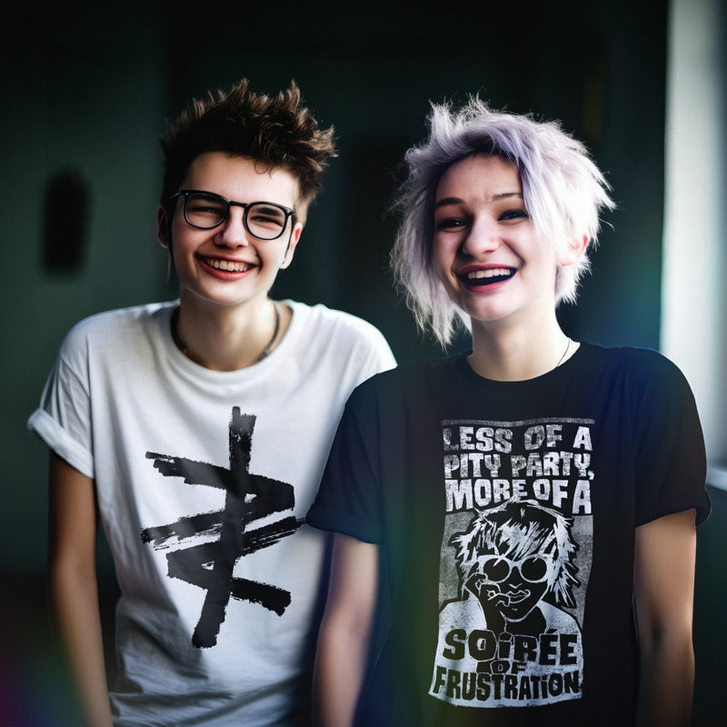 two happy women wearing a white Not Greater or Less Than t-shirt and a black t-shirt that has a punk girl on it and says "Less of a Pity Party, more of a Soirree of Frustration"